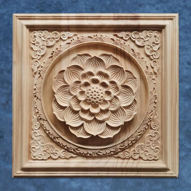 Wooden Lotus Carved Wall Panel – Design 27 - View 1